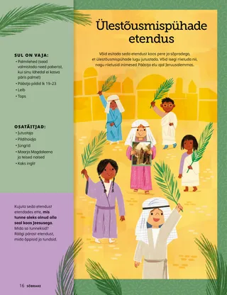 Lehekülje PDF illustratsiooniga lastest, kes on riietatud piibliaegsetesse riietesse ja hoiavad käes palmilehti