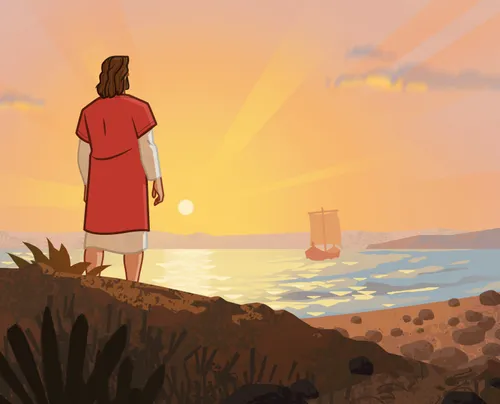 Jesus looking at a boat on the Sea of Galilee.