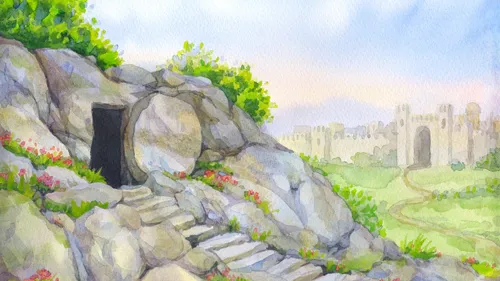 Watercolor painting of Jesus's open empty tomb.