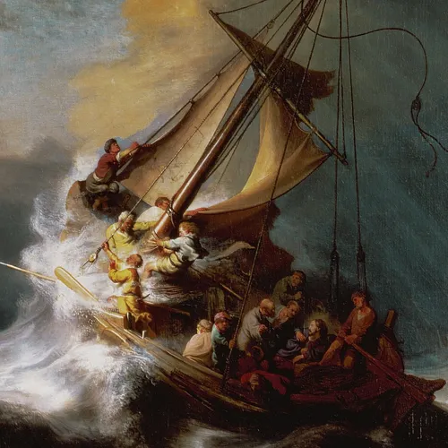 Jesus and disciples in boat during a storm