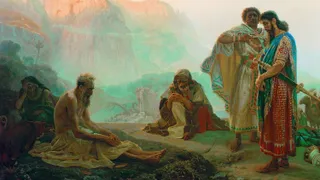 Job and His Friends by Ilya Repin. Job's wife grieves behind him, while his friends, Eliphaz, Bildad, and Zophar, observe his impoverished condition.