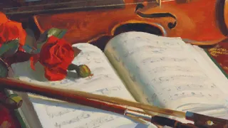 An open hymnbook with a violin in the background.