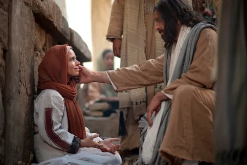 depiction of Jesus and the woman healed of the issue of blood