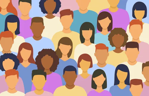 Illustrations of different people wearing brightly colored shirts