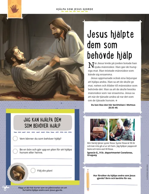 Pdf-sida med illustration av Jesus Kristus som botar en man, plus en aktivitet där man kan skriva ner någon man kan hjälpa.