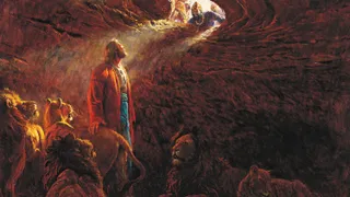 The Old Testament prophet Daniel in the lion's den at the decree of King Darius. Daniel is resting his hand on the back of one of the lions. The lions are not harming Daniel. Daniel is looking up at the entrance of the lion's den at men who are astonished that Daniel is unharmed.