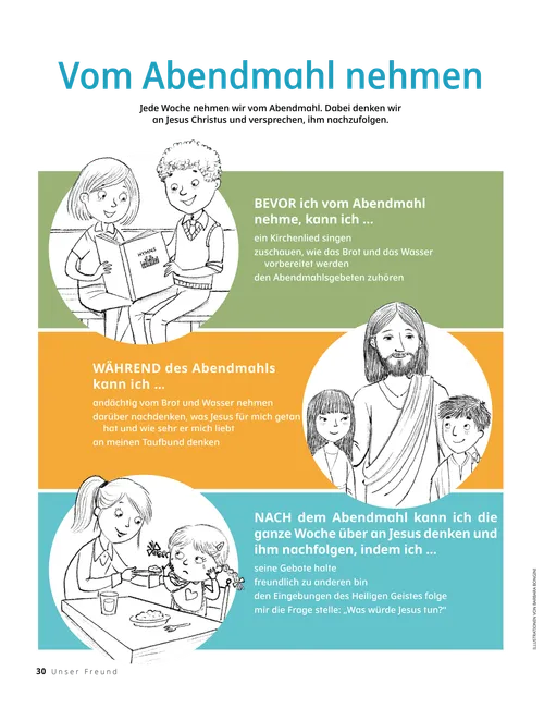 Artikel (PDF) mit Illustrationen von Kindern, die ein Kirchenlied singen, Jesus Christus mit zwei Kindern und einem Mädchen, das ein Baby füttert, das amTisch sitzt