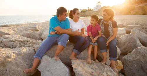 Family sitting on large rocks