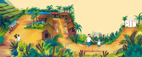 Father and son walking along a path through a Filipino village