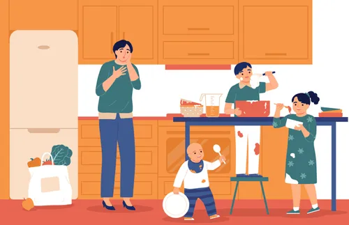 A mother looking distressed while her kids make a mess in the kitchen