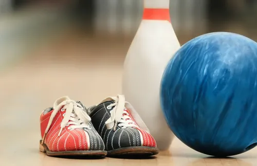 bowling shoes, pin, and ball