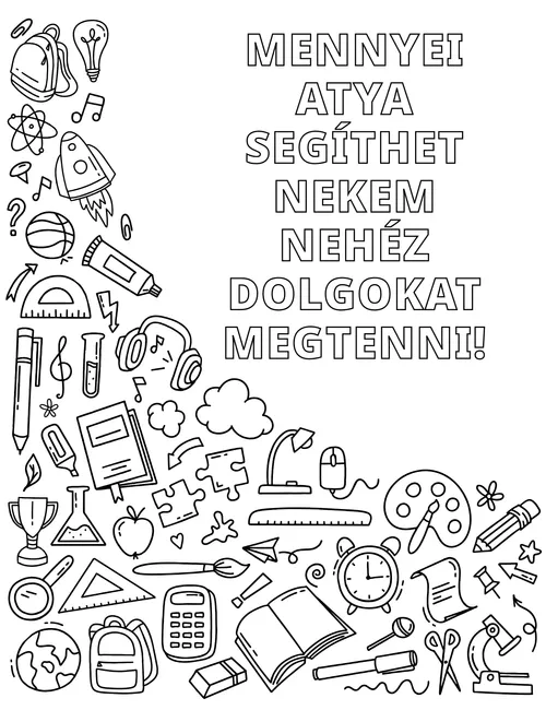 PDF-oldal színezővel, amelyen készségeket és hobbikat jelképező tárgyak láthatók