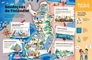 Página em PDF com o mapa da Finlândia, vida selvagem, atletismo e edifícios históricos
