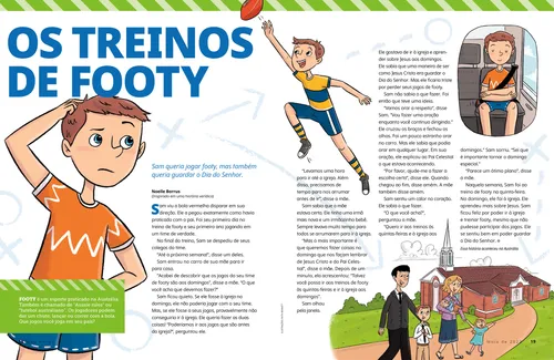 Página em PDF com ilustrações de um menino coçando a cabeça, jogando futebol, orando em um carro e caminhando para a igreja com sua família