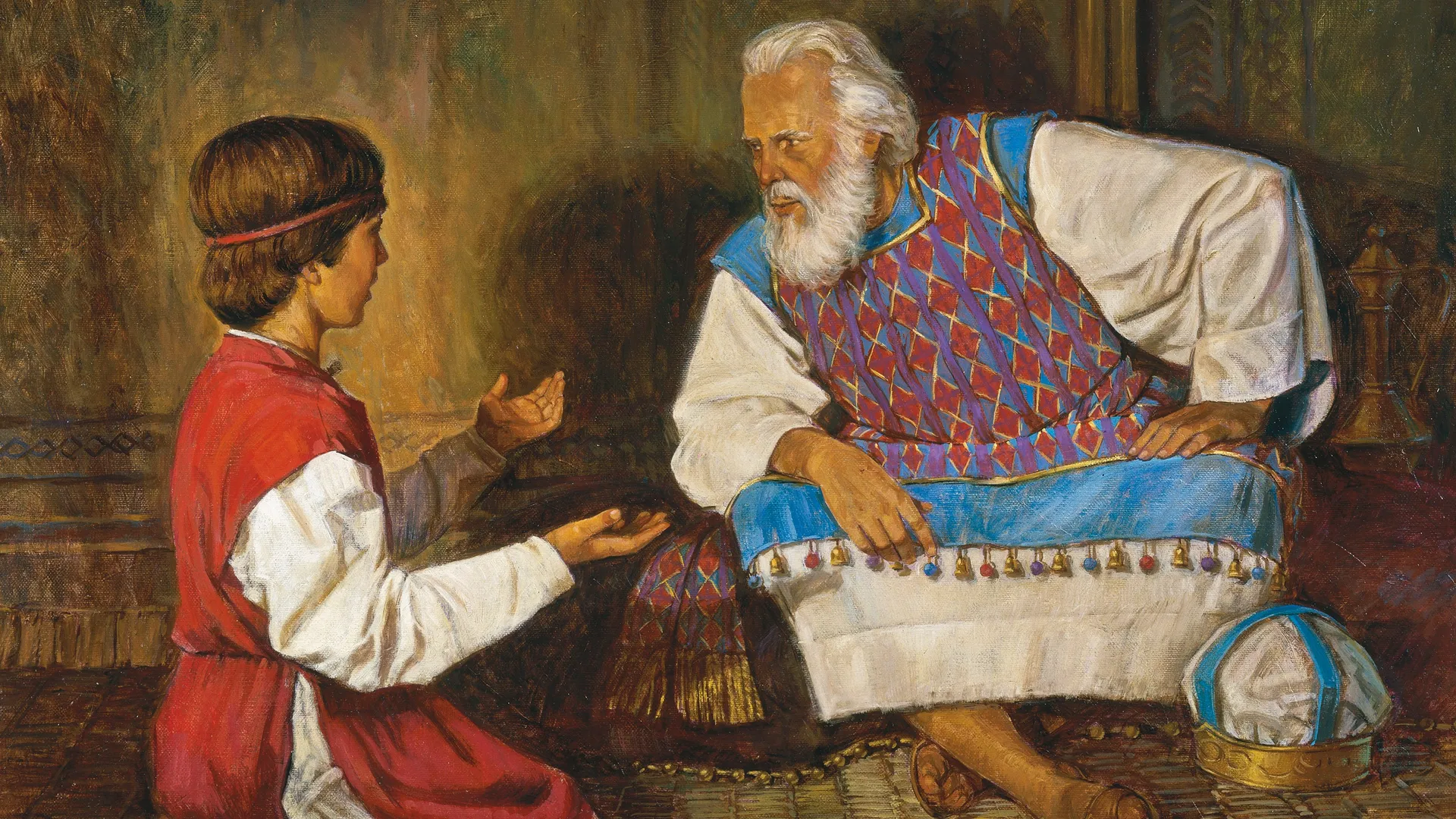 The Old Testament prophet Samuel depicted as a young boy in the care of the priest Eli. Samuel and Eli are portrayed seated on a straw mat. Samuel is explaining to Eli that the Lord had called his name. © undefined ipCode 1.
