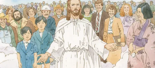 Chirst stands in the center foreground with a throng of people of all nationalities. Chapter 43-2 (D&C 115:4)