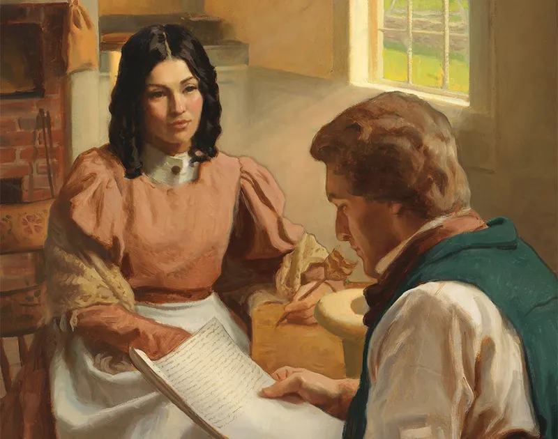 Illustration of Joseph and Emma Smith translating the plates.