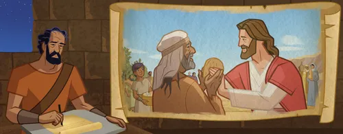 Paul writing a letter; Jesus giving bread to a man.