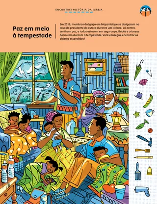 Página em PDF de uma atividade com figuras escondidas, mostrando famílias dormindo em uma casa enquanto caía uma tempestade violenta do lado de fora