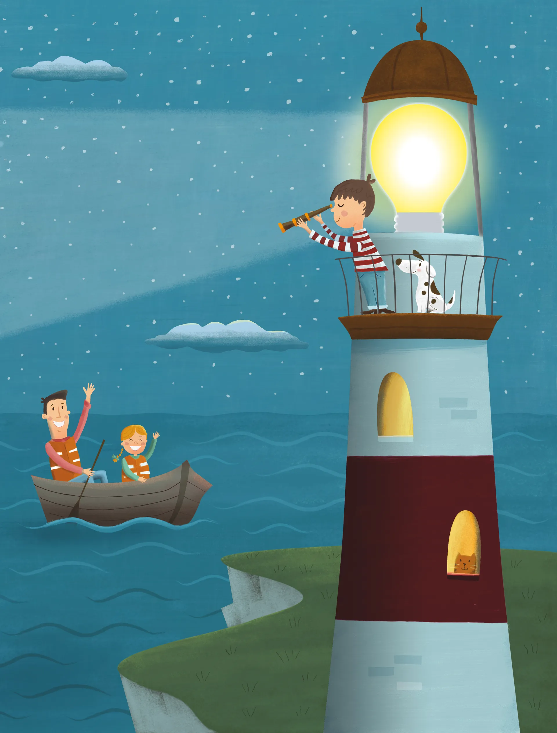 A boy stands at the top of a lighthouse and looks through a telescope at a boat on the water.