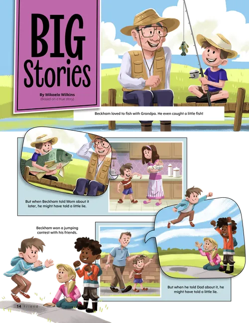 Panel story with images of a boy telling his grandfather stories