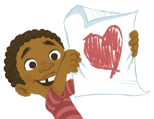 boy holding up drawing of heart