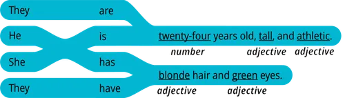 pattern 2 answer they are number years old adjective and adjective they have adjective hair and adjective eyes