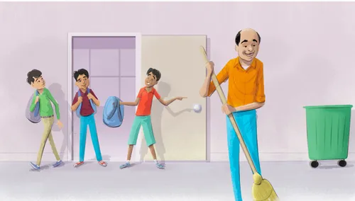 boys at school pointing at the janitor cleaning