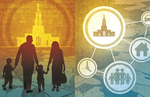 family walking toward temple