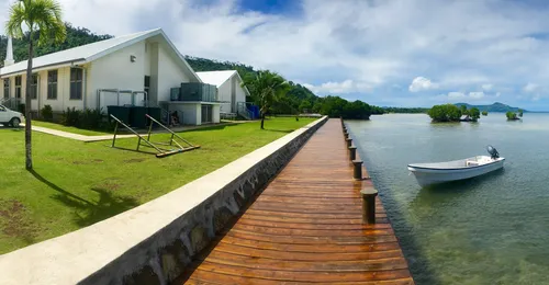 Church by harbor in Micronesia