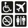 symbols for wheelchair, airplane, no smoking, restroom