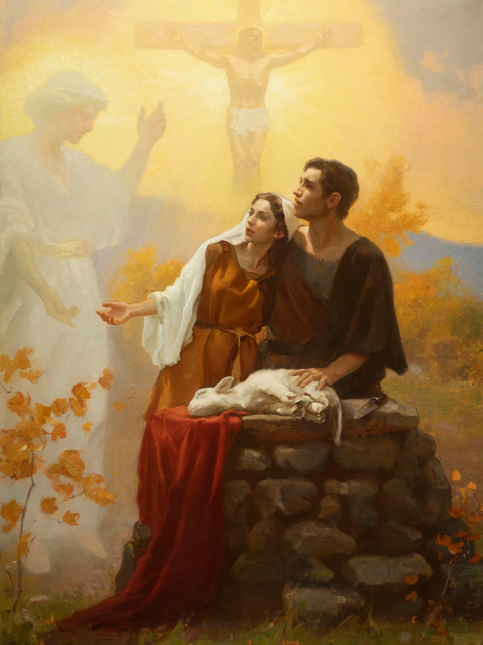 Painting by Mike Malm - The Image shows Adam and Eve getting ready to sacrifice a lamb on a stone altar. An angel appears  and tells them this sacrifice is in Similitude of the Sacrifice of the Only Begotten of the Father. A vision of Christ on the cross is in the background.