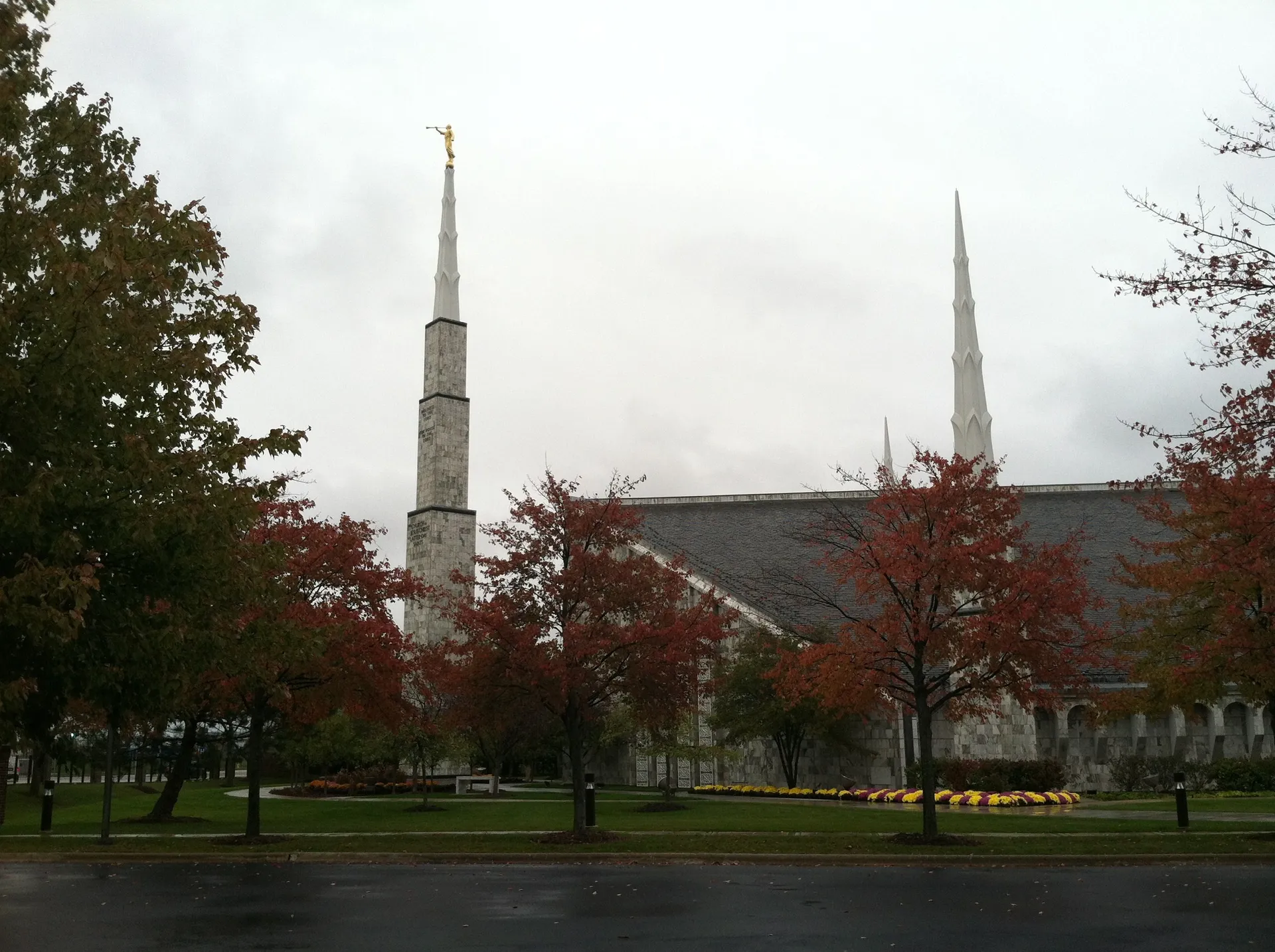 Leaves on the trees on the grounds of the Chicago Illinois Temple change color with the autumn season.