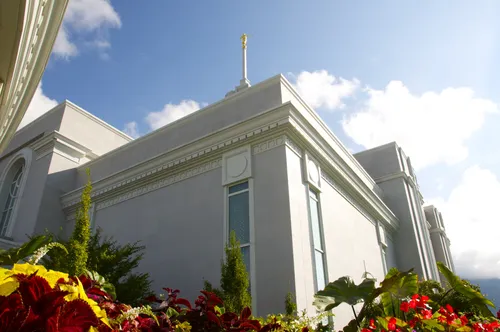 A view from one of the corners of the Mount Timpanogos Utah Temple, looking up toward the spire, with colorful vegetation growing in the foreground.