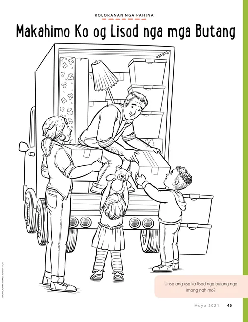 Koloranan nga PDF nga pahina sa duha ka bata nga nagtabang sa ilang mga ginikanan sa paghaw-as sa karga sa hakotanan nga trak