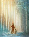 Jesus walking through a forest and leading two sheep