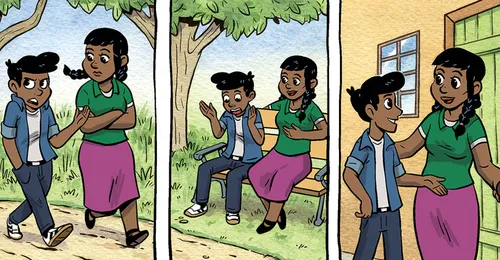 boy walking and talking with mother