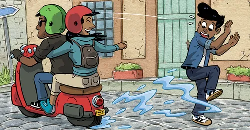 boy getting splashed with water by a moped