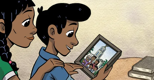 mother and son looking at picture of family at temple