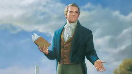Joseph Smith holding a copy of the Book of Mormon