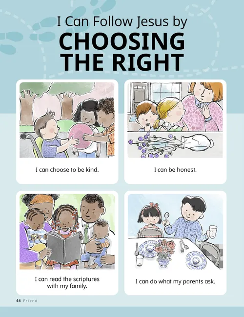 Panel story for young children with images of children being kind, honest, and helpful