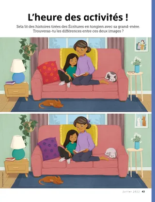 girl reading scriptures with grandma on couch