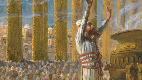 Solomon raising his arms as he dedicates the temple