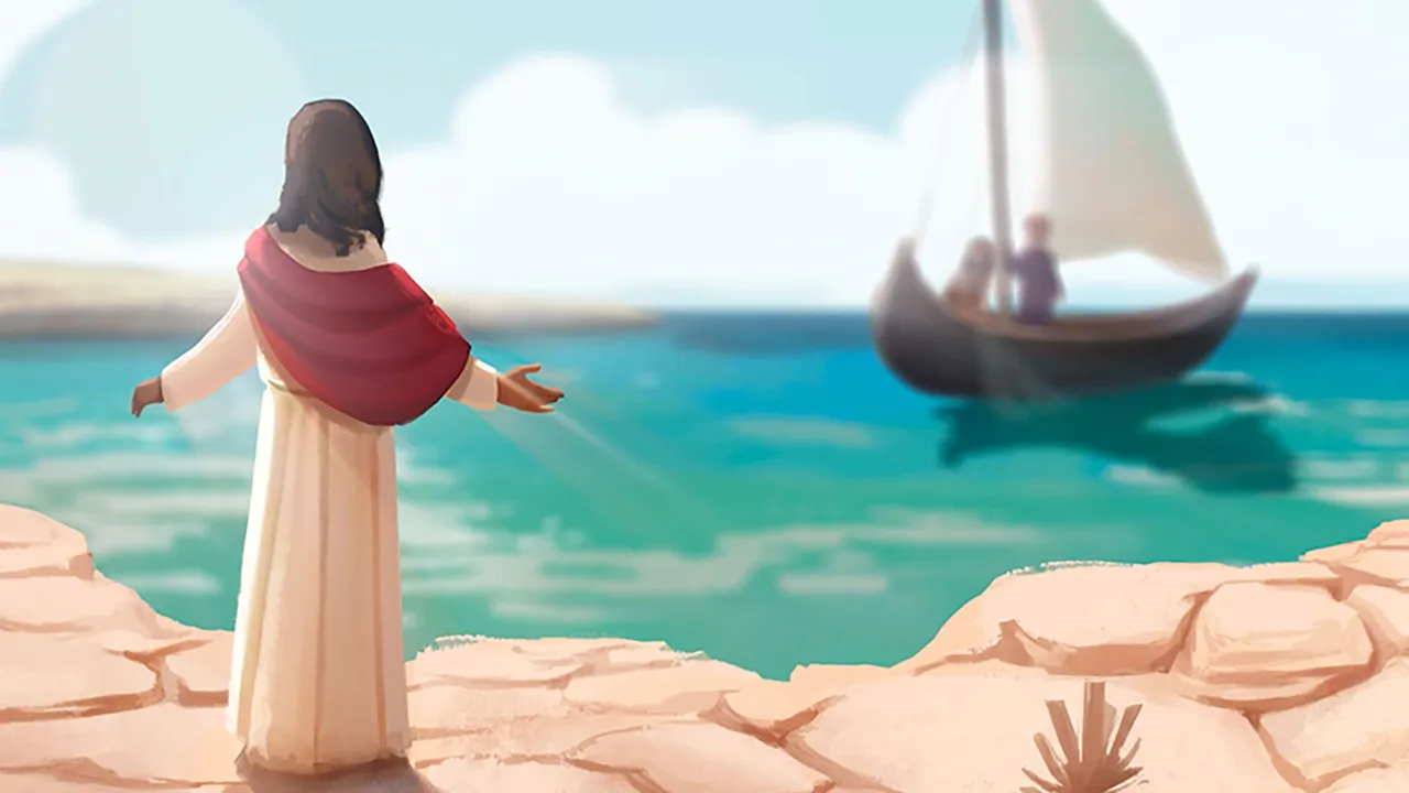 Jesus Christ standing on shore tells fisherman to cast their nets on the other side of the ship