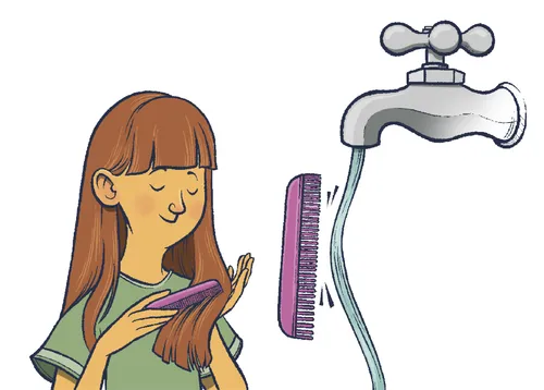 girl, comb, and faucet