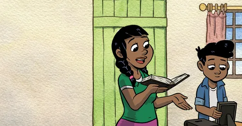 mother reading scripture to son