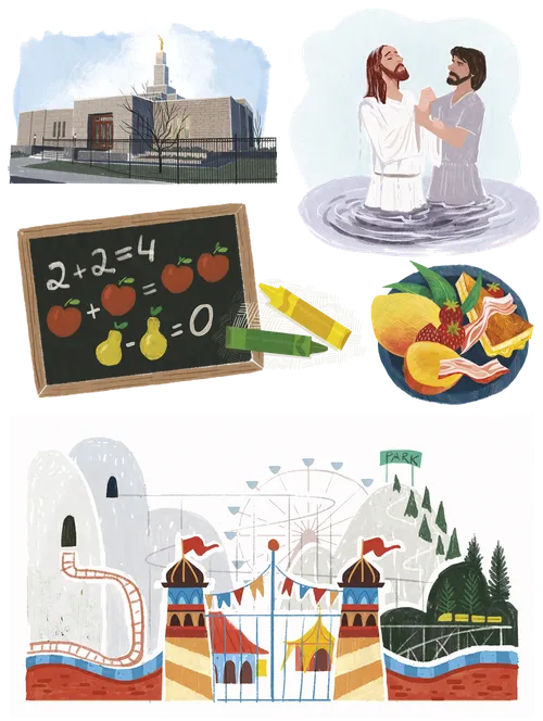 1. Maple Leaf 2. Jesus being baptized by John the Baptist 3. Montreal Quebec Temple 4. Yellow and Green Crayon 5. Strawberries - grilled cheese sandwich - mangos - bacon 6. Amusement Park Rides 7. Math equations