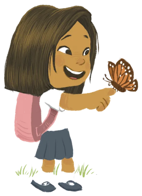 girl looking at butterfly