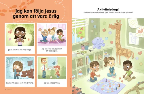 Pdf-sida med en leende flicka, tre barn som sitter på mattor och räcker upp handen, en flicka som bär på en nalle i en butik, en pojke som spelar baseboll bredvid ett krossat fönster; plus en aktivitet med dolda hjärtan.