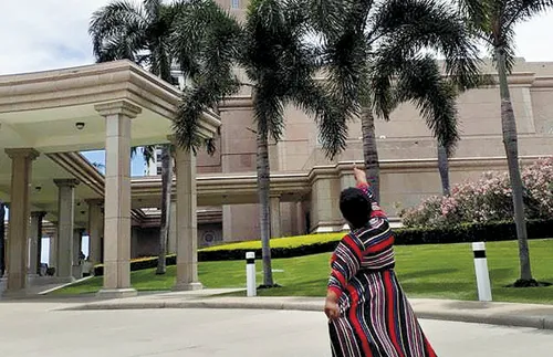 Ramona Morris in front of temple